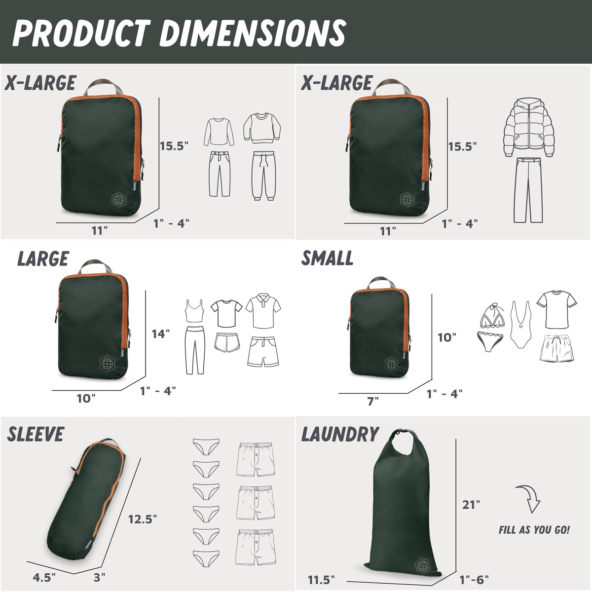 Large Compression Packing Cubes for Travel-Packing Cube Luggage Organizers 7 Piece Set for Checked Luggage-Ultralight, Expandable/Compression Bags by TRIPPED Travel Gear (Green and Brown)