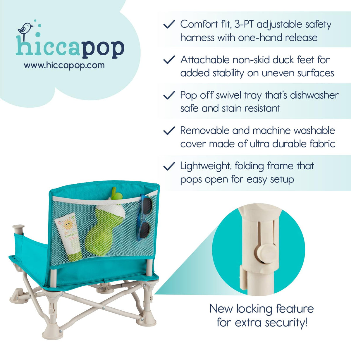 hiccapop OmniBoost Travel Booster Seat with Tray for Baby | Folding Portable Baby Booster Seat for Dining Table, Camping, Beach, Grandma’s | Tip-Free Design Straps to Kitchen Chairs - Booster Chair