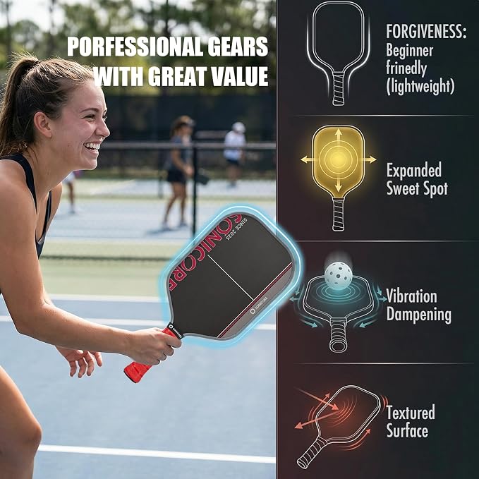 SONICORE Pickleball Paddle Set Bundle, T700 Carbon Fiber 16mm Core, 1 Paddle, Cover, Wristbands, Grip Tape, Eraser, 4 Premium Balls | Turbo Red