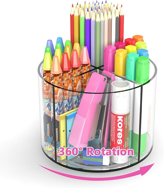 Small Pencil Organizer for Desk Acrylic 4 Compartments, Tiny Rotating Art Supply Organizer Kids, Spinning Round Marker Organizer Small Clear Desktop Organizer Caddy Swivel Office Pen Pencil Holder