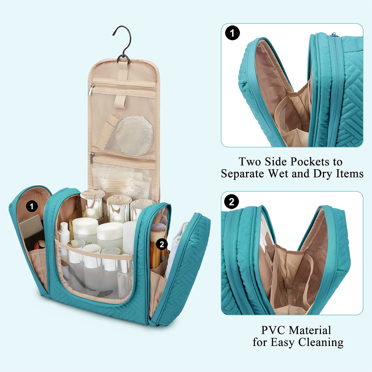 BAGSMART Large Travel Toiletry Bag for Women, Hanging Toiletry Bag with Hook, Travel Cosmetic Makeup Bag Travel Organizer for Accessories, Shampoo, Full Sized Container, Toiletries,Blue-Large