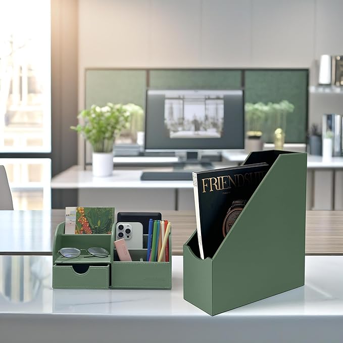 UnionBasic Magazine File Holder, Leatherette Desktop Document Organizer, Home Office Paper Holder File Storage Literature Sorter, Malachite Green