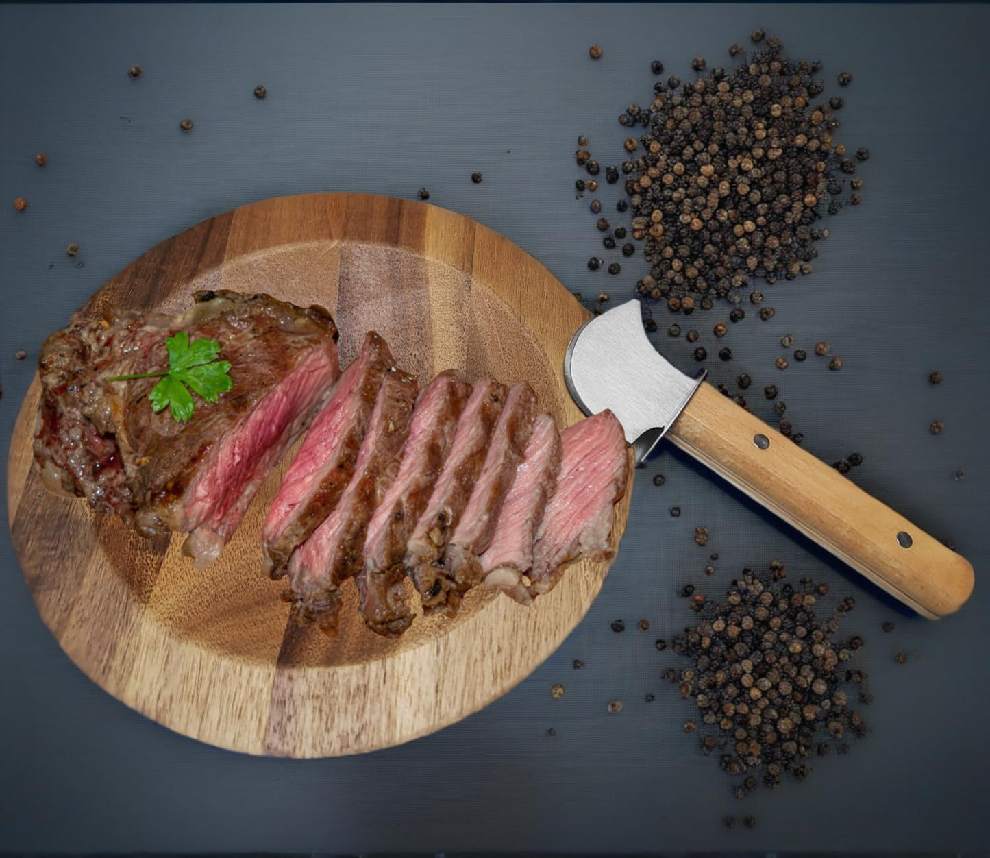 TLIOCAS Round Mezzaluna Cutting Board 8" Charcuterie Gourmet Serving Board with One Handed Rocker Knife for Steak,Cheese,Small Veggie n Fruits