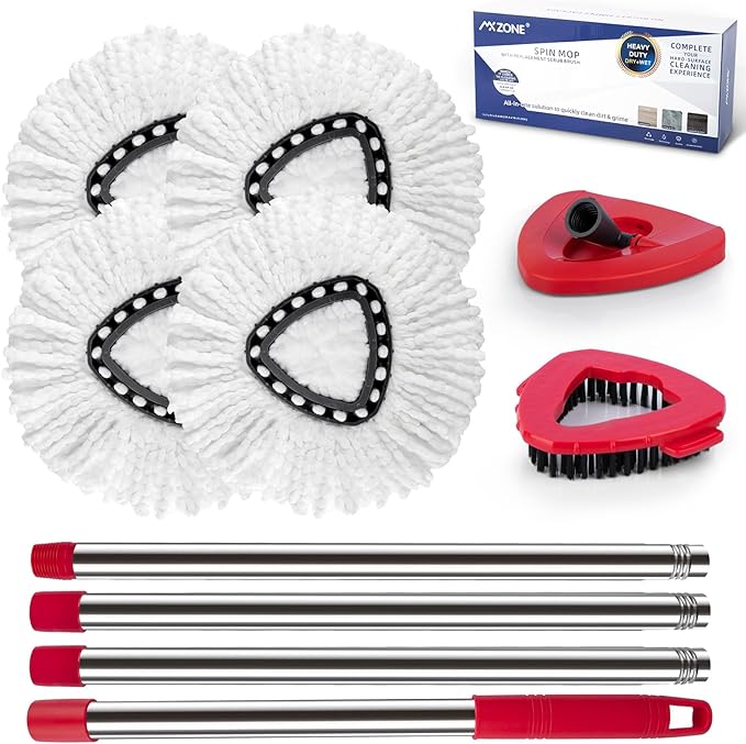 Spin Mop Head Replacement Base Handle Compatible with O Cedar EasyWring 1-Tank System, 4 Mop Replace Heads, 1 Mop Handle, 1 Mop Base and 1 Mop Base Scrub Brush Combo Set
