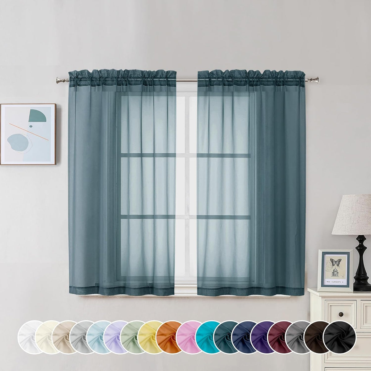 Chyhomenyc Stone Blue Sheer Curtains 45 Inch Long 2 Panels, Light Filtering Rod Pocket Voile Short Curtains Drapes for Living Room Bedroom Small Windows, 42Wx45L Inches