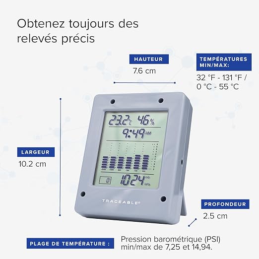 Traceable Calibrated Digital Barometer, 7.25 - 14.94 PSI, 0.1 Hg Resolution, Accuracy of 0.12" Hg