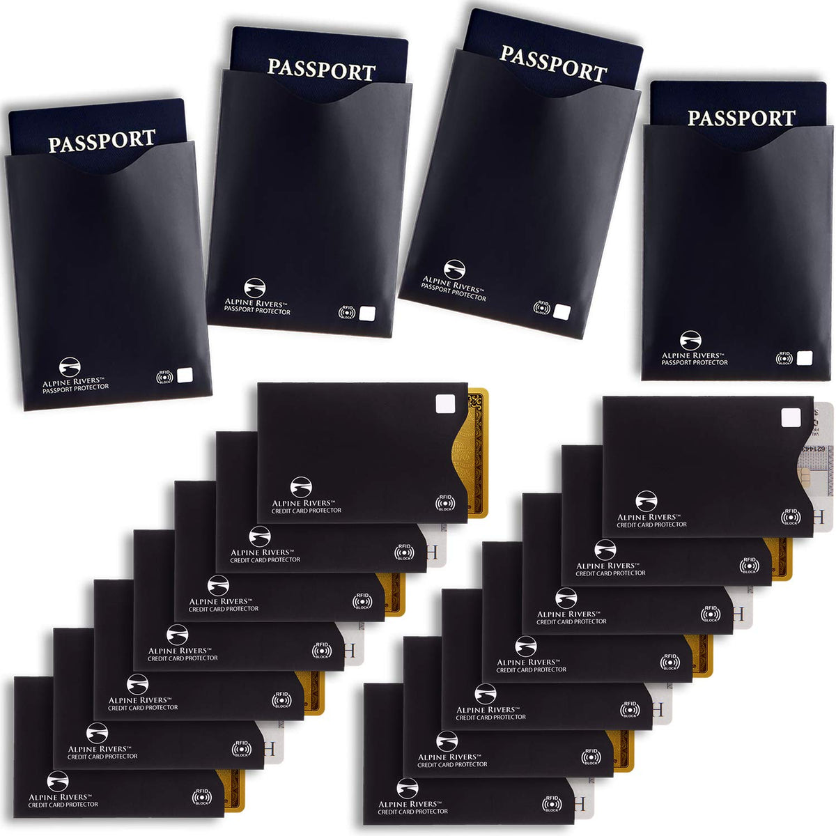 18 RFID Blocking Sleeves Set: 14 Credit Card Holders and 4 Passport Protectors - Premium Identity Theft Protection for Men & Women. Slim Design Fits Wallets & Purses