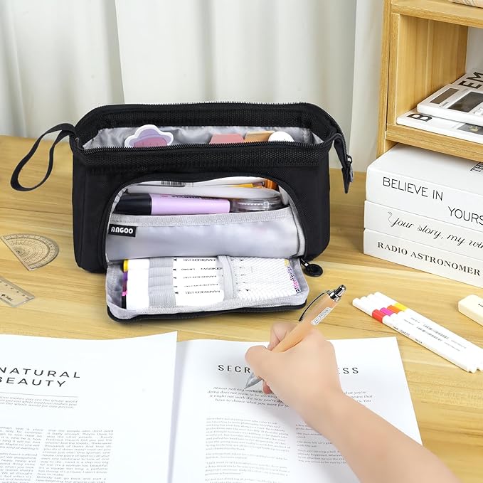 Pencil Case Pouch Large Capacity with Compartments, Pencil Case Pouch Bag with Zipper Handle for Teen Girls Boys Adults Women Men, Portable Pen Bag Stationery Organizer for Office School Travel, Black