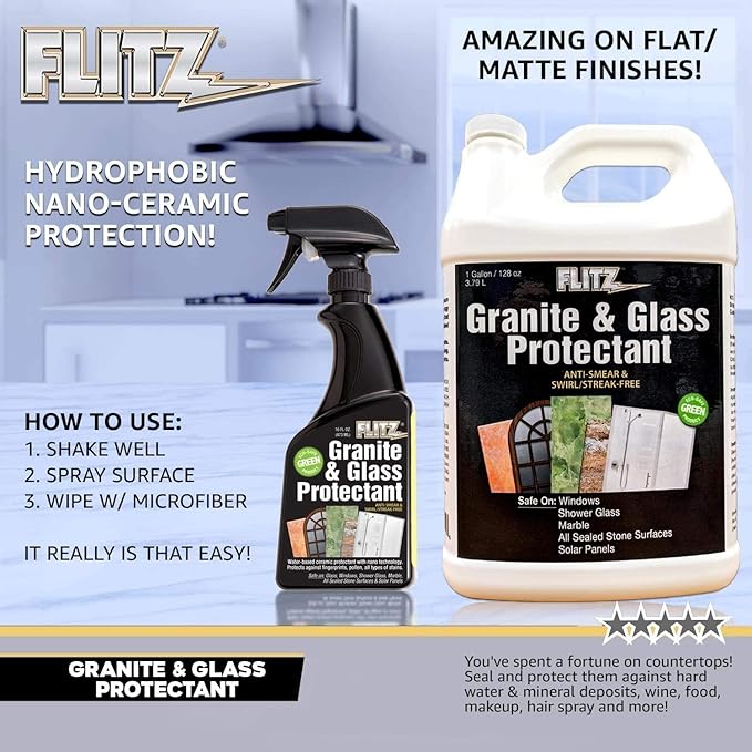 Flitz Granite & Glass Protectant - 16oz Bottle of USA-Made Granite Sealer and Glass Countertop Protector - Cleans & Prevents Liquid, Stains, & Others - Also Works on Marble & All Metals (3 Pack)