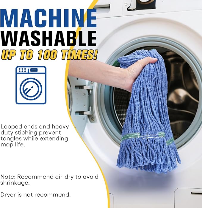 Matthew Cleaning Commercial Mop Head Replacement, 5 Inch Wide Headband, Looped End Cotton Blend String Wet Mops for Floor Cleaning, 18 oz Medium, 3-Pack Blue