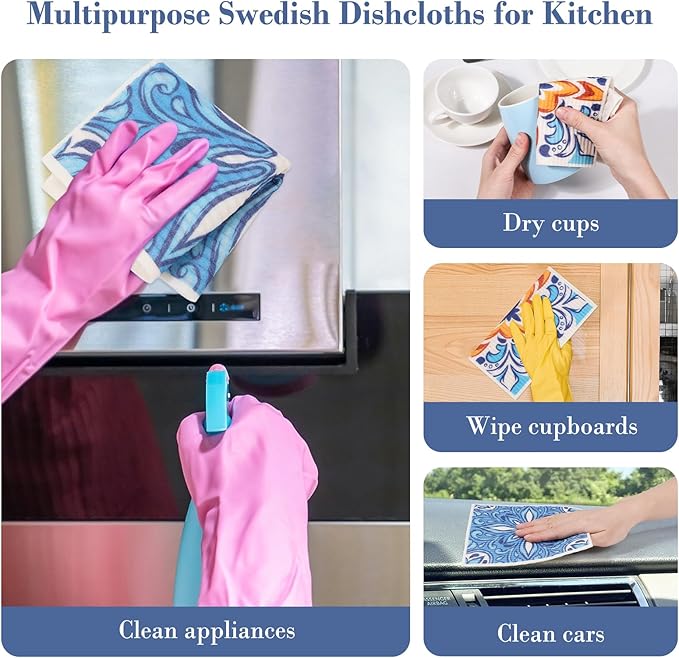 Lucomb 8 Pack Swedish Dish Cloths for Kitchen Reusable, Cellulose Sponge Cloths Swedish Dish Rags Washable Paper Towels Cloth Quick Dry Non-Scratch for Washing Dishes Home Counter Wipe