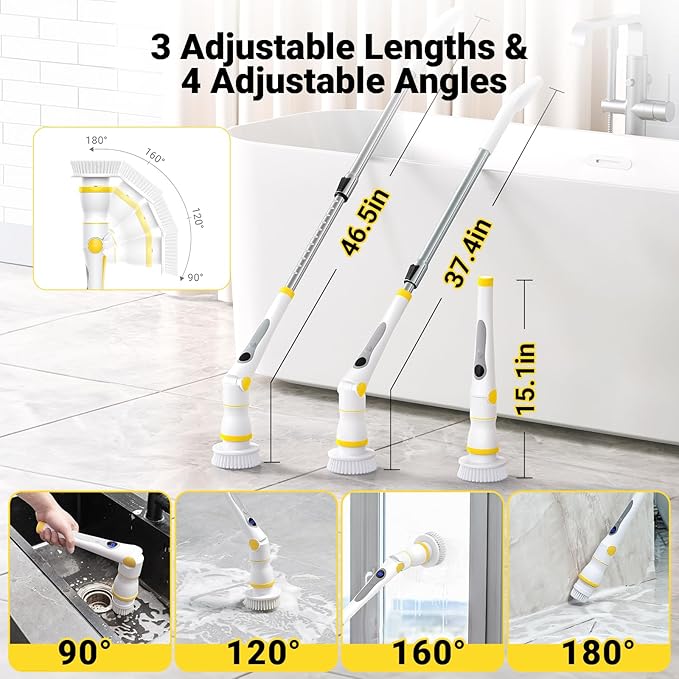 Electric Spin Scrubber, Cordless Cleaning Brush with LED Display, 4 Adjustable Angles, 3 Speeds, 2H Runtime, Adjustable Handle, 5 Brush Heads for Bathroom Tub Kitchen Tile Floor Car