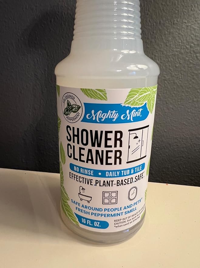 Mighty Mint Shower Cleaner, No-Rinse, No-Scrub, Daily Spray for Glass, Tile, Grout, Fresh Peppermint Scent, 16oz