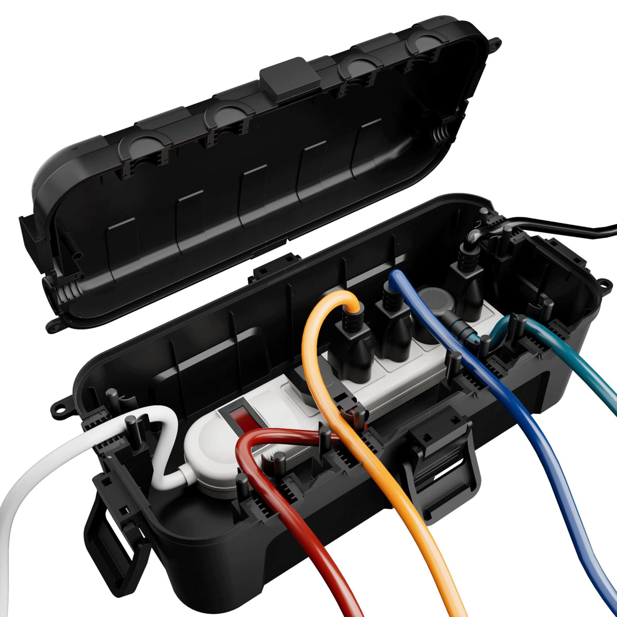 Flemoon Medium Outdoor Electrical Box (11.5x5.2x4 inch), IP54 Waterproof Extension Cord Cover w/6 Cable Entry Ports, Weatherproof Connection Box for Power Strip, Timer, Plug, Holiday Lights, Black