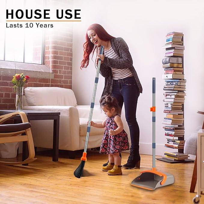 2-Pack is More economical，Upgraded Upright Broom and Dustpan Combo with 52" Long Handle, Dustpan Teeth with self-Cleaning Function, Indoor and Outdoor Sweeping, Perfect for Home Office