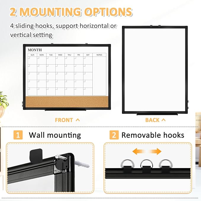 Large Dry Erase Calendar for Wall, 36"x24" Double-Sided Magnetic Whiteboard Calendar with Cork Board, Black Aluminum Frame Monthly White Board Memo Message Board for Office, Home, School