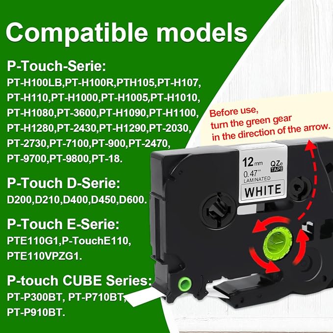 Label Tape Compatible with Brother Tze-231, 12mm 0.47" Black on White Laminated Tape for P-Touch Label Maker PT-D210 D220 H110 D410 P710BT H111 1070, 6 Pack