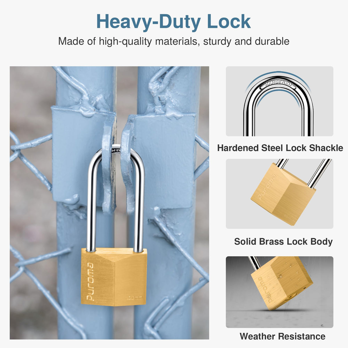 Puroma 1 Pack Keyed Padlock Waterproof Solid Brass Lock, 2.6 Inch Padlock with Keys for Sheds, Storage Unit School Gym Locker, Fence, Toolbox, Hasp Storage