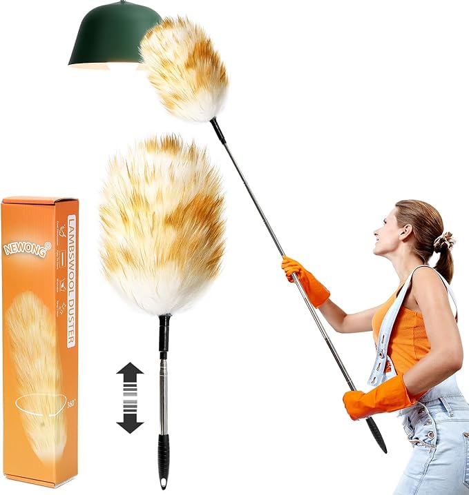 Extendable Lambswool Duster 30-55inch with Aluminium Alloy Handle, Natural Long Feather Duster for Cleaning Fans, Ceiling, Bookshelevs, for Home&Office