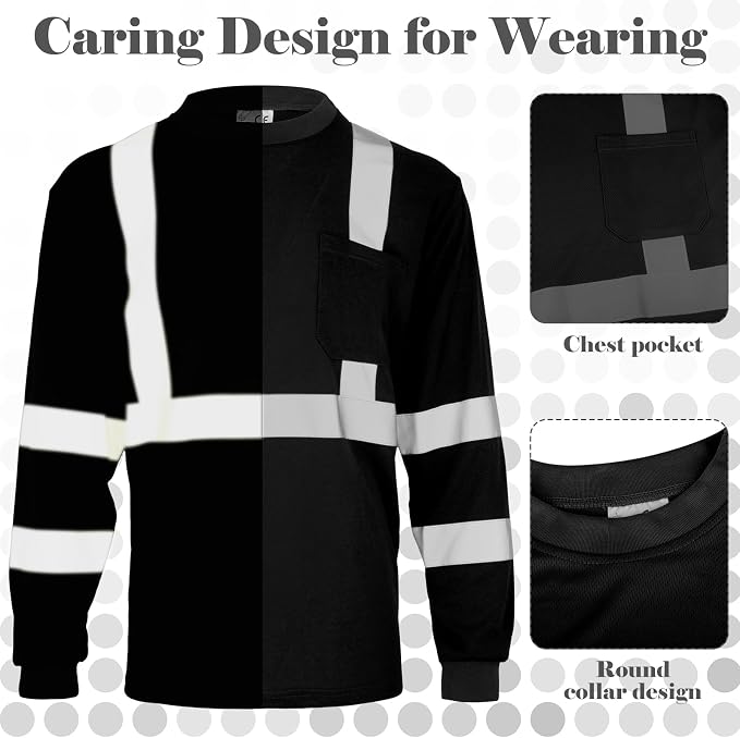 Amylove 4 Pcs Long Sleeve Safety Shirt High Visibility Reflective Construction Work Shirts for Men Women(XXL,Black)