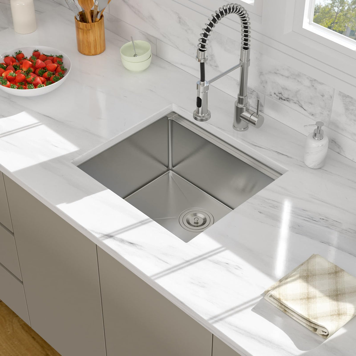 21 Undermount Bar Sink - Beslend 21x19 Inch Stainless Steel Bar Sink 16 Gauge Fully Covered Workstation Sinks RV Sinks 10 Inch Deep Under Counter Single Bowl Basin with Cutting Board