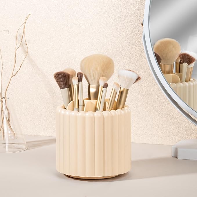 Anyoifax 360 Rotating Makeup Brush Holder 7 Slots Make Up Brush Organizer Removable Spinning Cosmetic Brushes Storage Pen Holder for Vanity, Dresser, Desk, Beige