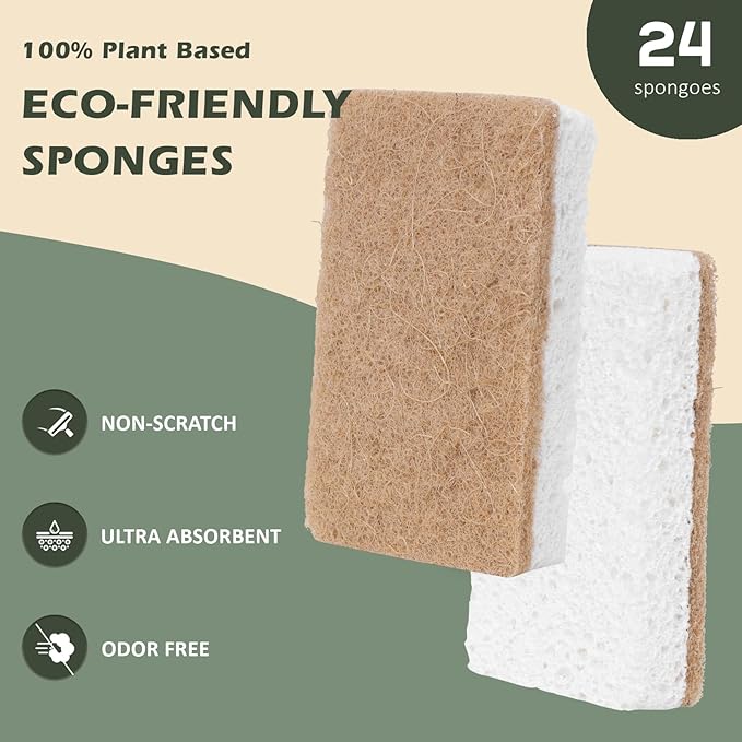 Plant-Based Kitchen Sponges - Natural, Eco-Friendly, Biodegradable Sisal Hemp Sponges for Dishes, Cleaning Sponge for Kitchen, Bathroom, Household - 24 Count
