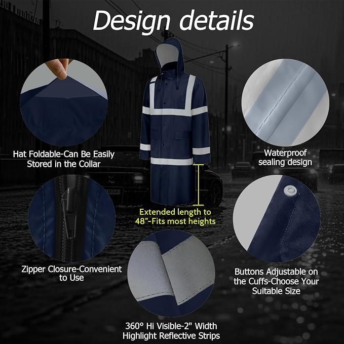 Hi Vis Rain Coat, High Visibility Rain Jacket Waterproof with Hood, Lightweight Raincoat for Men Women, Reflective Rain Suit for Hiking Camping Outdoor Activities, L, Dark Blue Long, 3XL