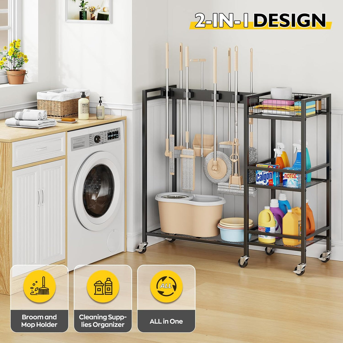 Broom Holder with Cleaning Supplies Organizer, Movable Broom Closet Storage Cabinet with Cleaning Caddy, Cleaning Cart with Mop Rack, Janitorial Housekeeping Cart on Wheels, Laundry Room Organization