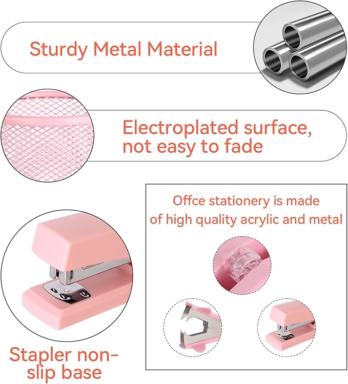 Pink Desk Accessories, Pink Office Supplies Set with Stapler, Tape Dispenser, Staple Remover, Pen Holder, Scissor, Binder/Paper Clips, Ballpoint Pen, Clear Tape and 1000pcs Staples