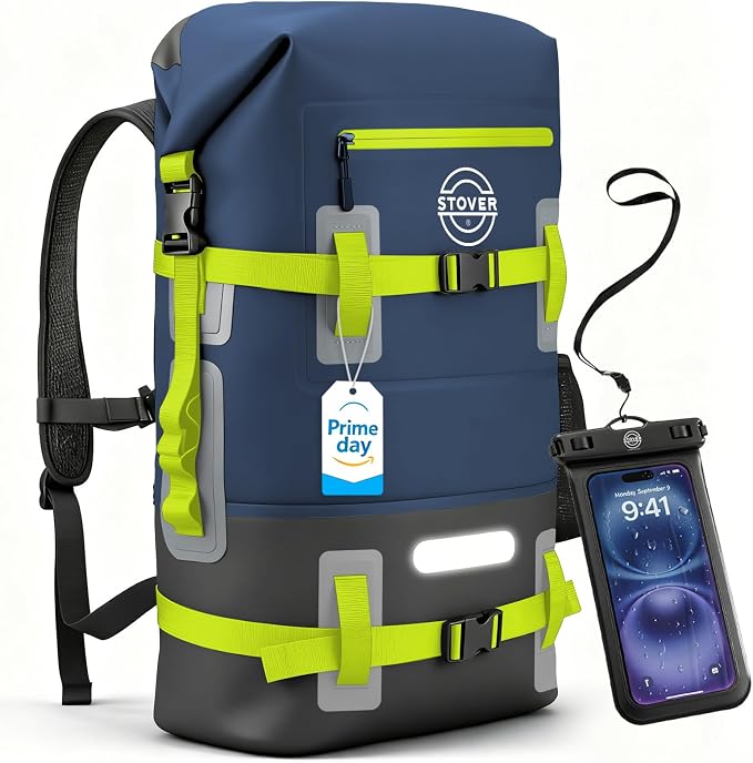 STOVER 40L Waterproof Dry Backpack & Phone Case - X-Large Floating Dry Bag for Kayaking, Travel, Hiking, Fishing, Camping, Motorcycles & Beach, Heavy-Duty Roll Top Men/Women (Navy Blue/Black/Green)