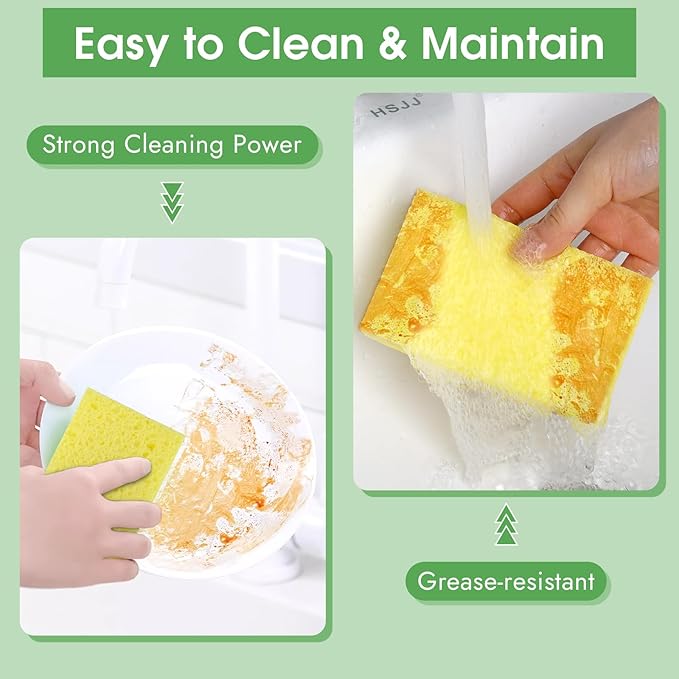 12 PCS Dish Sponges Kitchen, Non Scratch Cleaning Sponge for Non Stick Cookware, Natural Compressed Cellulose Wash Scrub for Household Bathroom, Soft Washing Scrubbers (Yellow)