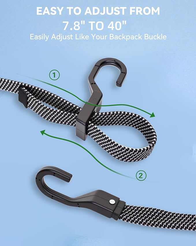 6 Pcs 40 Inch Flat Adjustable Bungee Cords with Hooks, 3X Faster to Adjust The Length, Lucky Straps Black Heavy Duty Bungee Straps for Cargo, Bike, Cart, Tent, Truck, Camping, Outdoor, etc