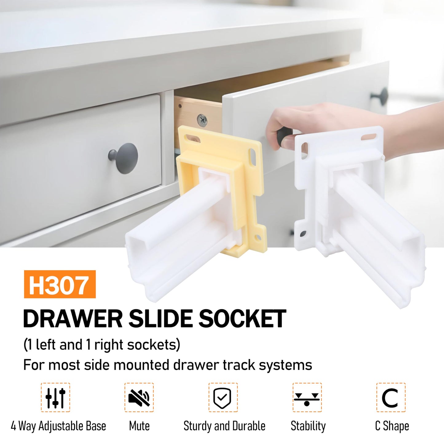 Drawer Slide Socket Set,Cabinet Hardware RV Drawer Parts for 1" Drawer Slide, 2 Set (¾” Slide Rail Groove with Raised Edge)