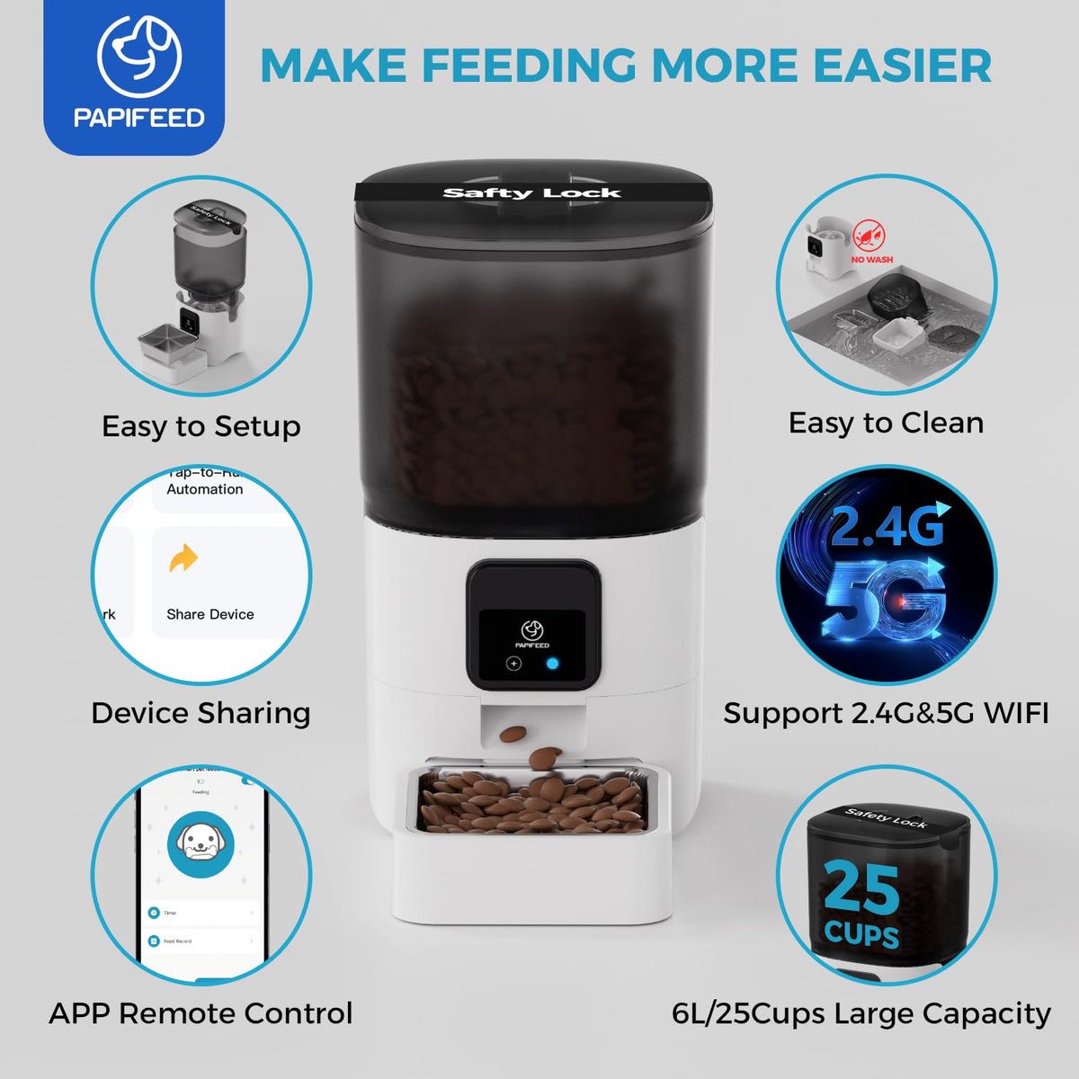 PAPIFEED 5G WiFi Automatic Cat Feeders: Smart Automatic Cat Food Dispenser with Slow Feeding Mode, Detachable for Easy Cleaning, Pet Feeder with Alexa, 1-30 Meals Per Day for Multiple Pets (6L/25 Cup)