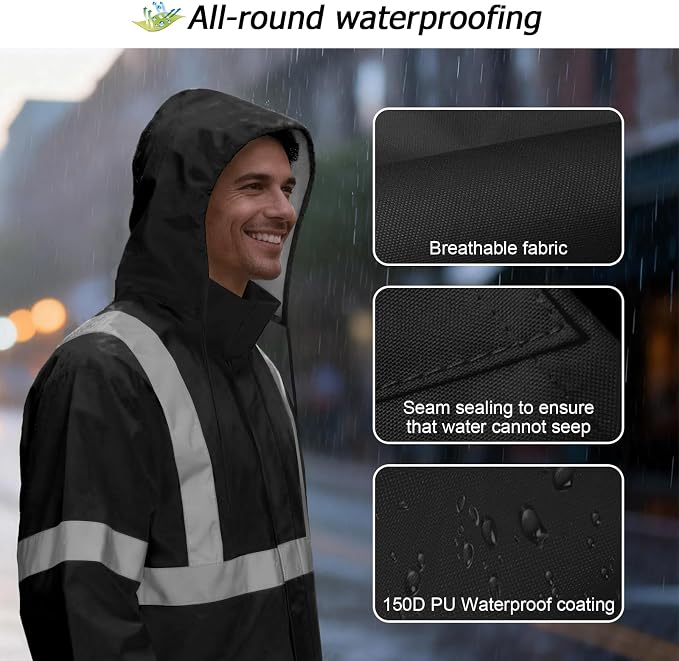 Rain Jacket, High Visibility Rain Coat, Waterproof Raincoat with Hood, Lightweight Rain Suit for Outdoor Activities, Rain Ponchos for Adults Reusable, Men Women, Black T, S-M