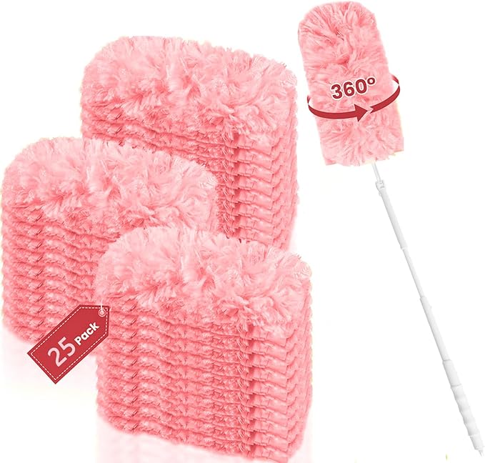 25 Pack Duster Refills with 1 Extended Handle Compatible with S wiffer, Heavy Duty Disposable Dust Removal Tools, Multi-Surface Microfiber Furniture Cleaning Dusters Extendable 35inch Handle - Pink