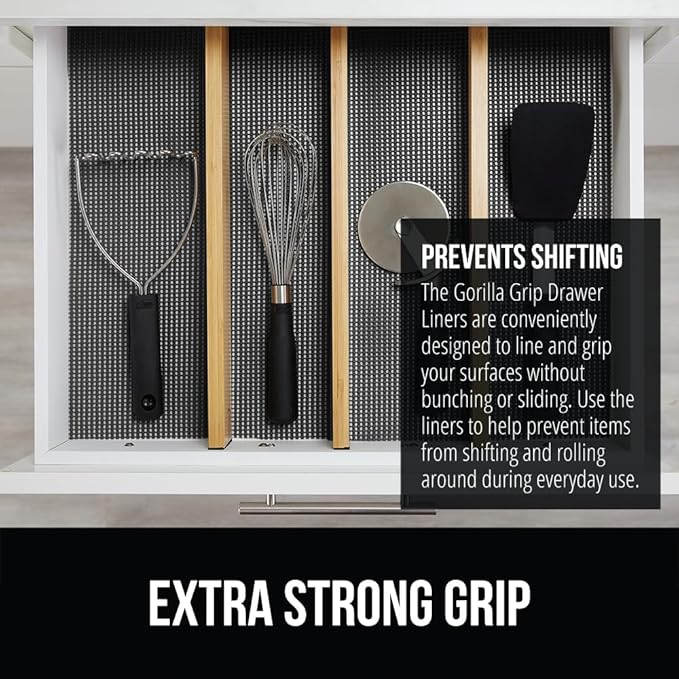 GORILLA GRIP powerGRIP Drawer Shelf and Cabinet Liner, Thick Strong Hold, Non-Adhesive Liners Protect Kitchen Cabinets and Cupboard, Bathroom Drawers, Easy Install, Breathable Mat, 12" x20', Charcoal