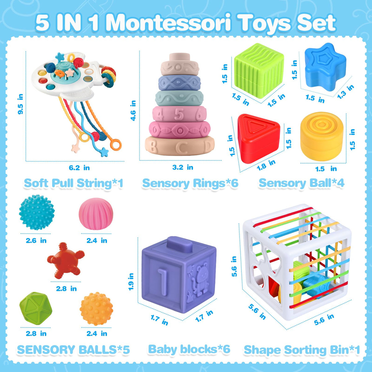 Springflower 5 in 1 Montessori Toys for Babies 0-3-6-12 Months, Soft Baby Teething Toys, Sensory Bin Toy, Stacking Building Blocks & Rings Infants,Developmental Toddler,Gift 12-18 Months