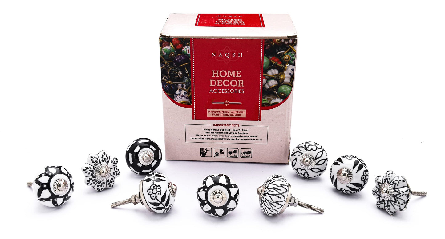 NAQSH Ceramic Cabinet Knobs Kitchen Drawer Knob Handpainted Cupboard Door & Drawers Pulls (Black & White, 12)