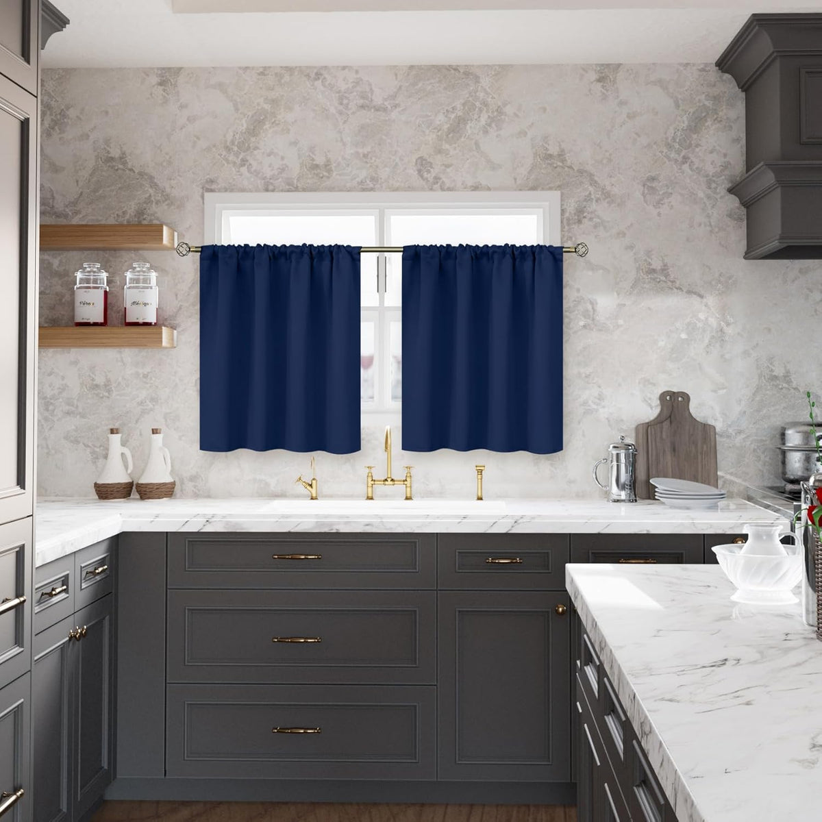BGment Navy Blue Cafe Curtains for Small Window 24 Inch Length - Half Window Drapes with Rod Pocket for Blackout Blinds Privacy for Kitchen Bathroom, 2 Panels, 29 x 24 Inch