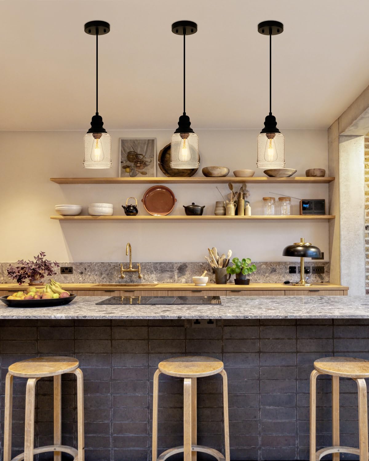 WILON Modern Glass Pendant Lights for Kitchen Island, 6.29" Mini Pandent Light Fixture with Seeded Glass Shade Black Farmhouse Pendant Lights E26 Base Hanging Kitchen Lights for Sink Dinging Room