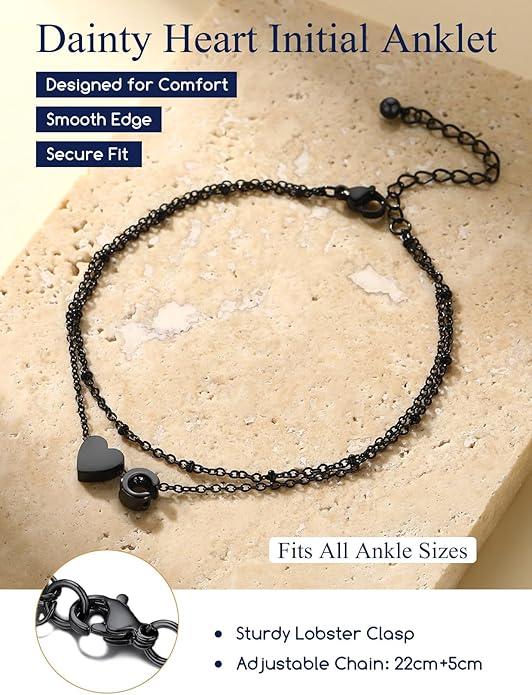 Suplight Stainless Steel Initial Ankle Bracelets for Women Layered Dainty Heart Anklet Beaded Anklets for Women Waterproof Plus Size Ankle Foot Chain Summer Essentials Jewelry(with Gift Box)