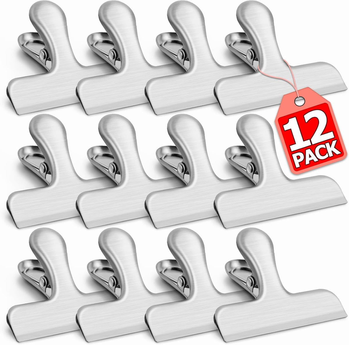 VNDUEEY 12 Pack Stainless Steel Chip Clips, Bag Clips for Food, Heavy Duty Snack Clip Metal Clip to Seal Coffee Bags, Ideal for Office and Kitchen Use, Binder Clip Large - 3 Inches, Silver