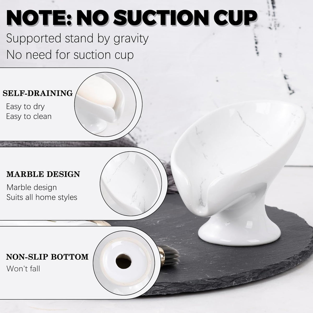 Soap Dish Set, Self Draining Bar Soap Holder for Bathroom Sink, Leaf Shaped Drainage Soap Dish Ceramic Marble Porcelain Decorative Soap Dishes 2PCS, No Suction Cup, ANTIS'S HOME