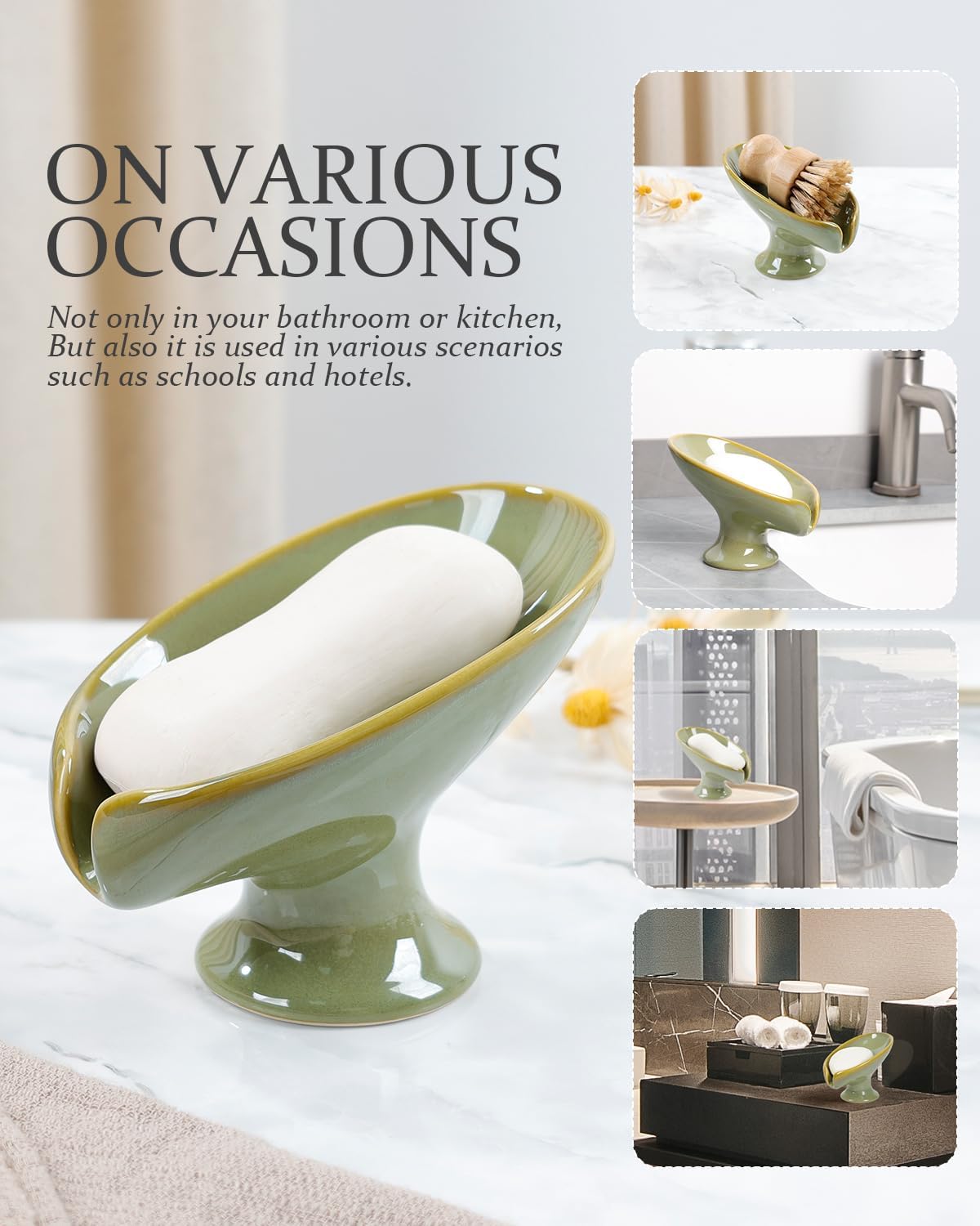 Soap Dish, Self Draining Bar Soap Holder for Bathroom Sink, Leaf Shaped Drainage Ceramic Olive Green Porcelain Decorative Soap Dish, No Suction Cup, ANTIS'S HOME