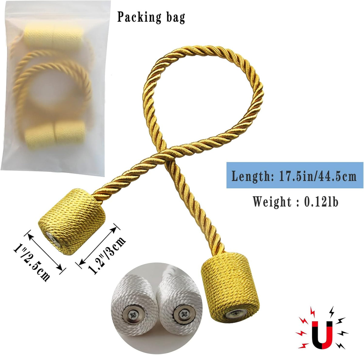 Magnetic Curtain Tiebacks 4 Pack Gold Curtain Rope Tieback Curtain Holders for Drapes Modern Tie Backs Decorative Curtain Holdbacks
