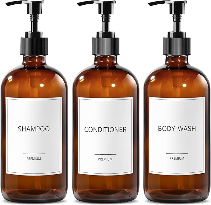 GMISUN Glass Shampoo and Conditioner Dispenser, Shower Soap Dispenser Bottles with Labels, Refillable Shampoo Conditioner Body Wash Dispensers, Amber Glass Soap Pump Dispenser Set for Bathroom Shower