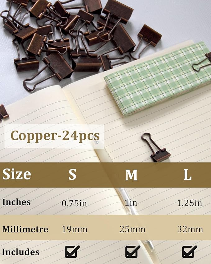 Assorted Binder Clips 0.75/1/1.25in 25-Pack - Copper Tone Clips for Office & Home