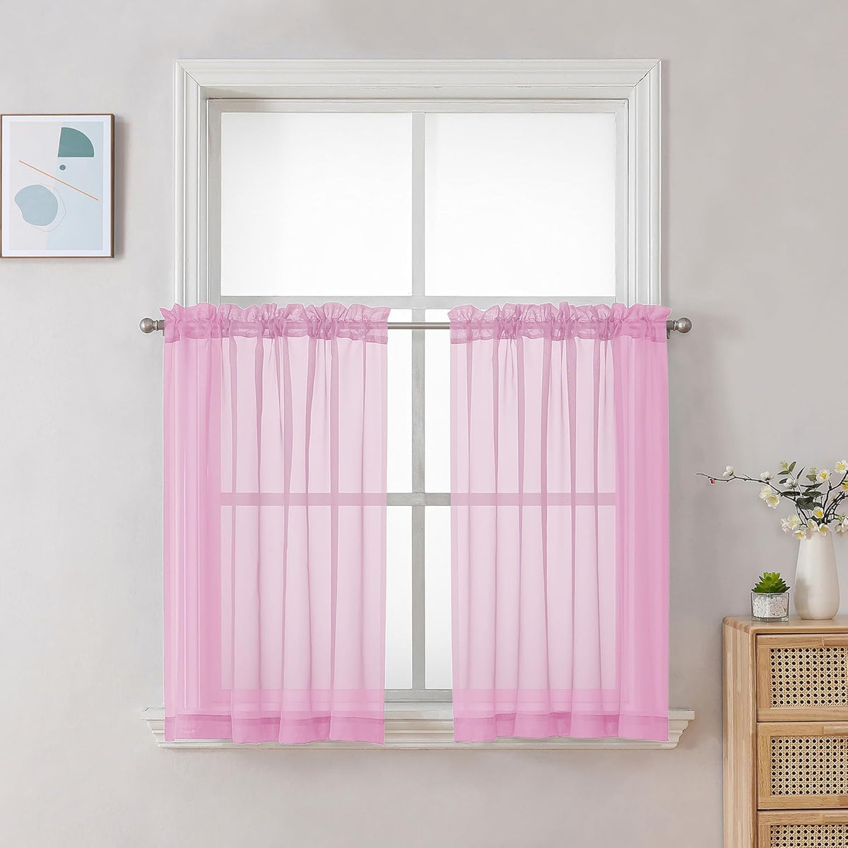 Chyhomenyc Pink Sheer Curtains 30 inch Length 2 Panels, Light Filtering Voile Rod Pocket Short Window Curtians for Bathroom Living Room Farmhouse Small Windows, 42Wx30L inches